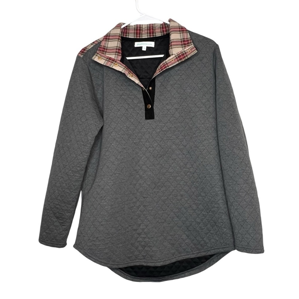 Shop The Mint Womens M Gray Quilted Pullover Christmas Plaid Shoulders 1/4 Snap